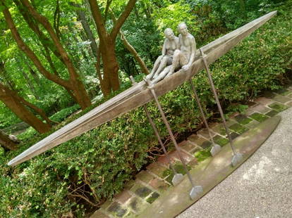 Aurora Canero Sculpture, "Still Sailing Together": Aurora Canero Lopez (Spain, b 1940) limited edition outdoor bronze sculpture, "Still Sailing Together", receipt states 1 or only 6 made, depicting two figures in boat, 47"h x 89"l x 11"w, with receipt