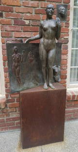 Aurora Canero Lopez Outdoor Sculpture, "Model": Aurora Canero Lopez (Spain, b 1940) cast metal and bronze outdoor sculpture "Model", 65"h x 28"w x 17"d *Buyer is responsible for removal of outdoor sculpture prior to September 30. Buyer acknowledges
