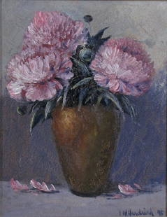 John Wesley Hardrick 14x11 O/B Floral Still Life: John Wesley Hardrick (IN, 1891-1968) 14x11 , O/B , signed lower right, '45 , Floral Still Life , Depicting: Pink Flowers in Amber Vase Size as framed 18" x 11"