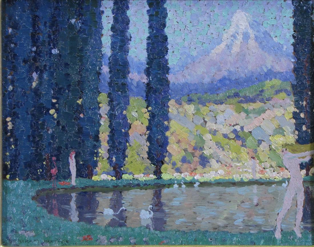 Bertram Hartman 8x10 O/B Nude Bathers: Bertram Hartman (Amer, 1882-1960) 8x10 , O/B , Signed Lower Left, 1914 , Nude Bathers , Provenance: Carmen Holeman Trust Size as framed 15x17