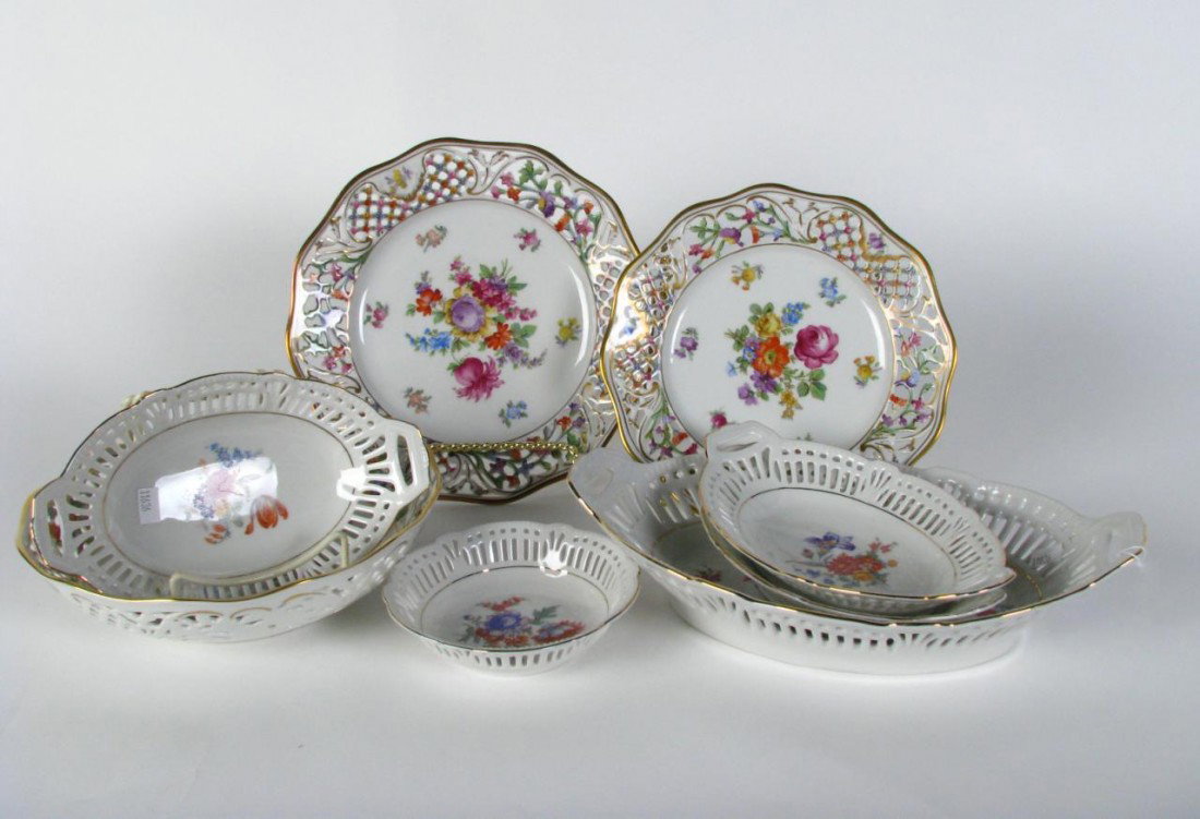 Group of Bavarian, Schumann Open Lace China: Group of German and Bavarian open-lace china, most by Schumann, including 13 berry bowls, 2 serving bowls, 6 plates, serving plate, oval serving bowl, 3 oval relish, all with floral decoration and gol