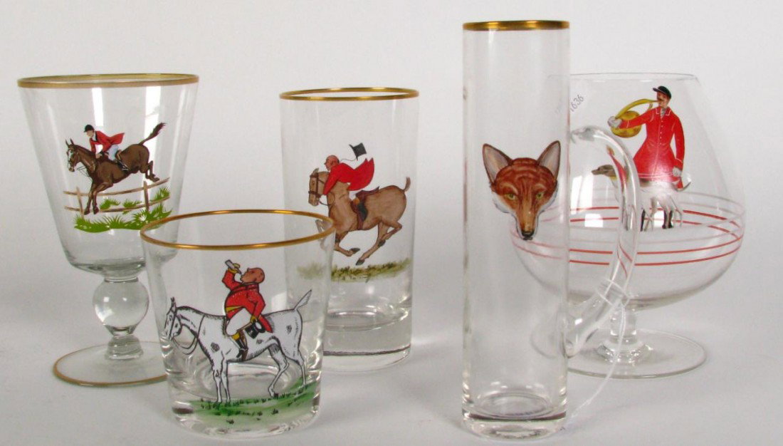 Large Group of Fox-Hunt Themed Drinkware: Large group of Fox Hunt themed drinkware, including (14) 5.5" tumblers, (11) rocks glasses, (7) water glasses, (7) brandy snifters, (23) handled Irish Coffee mugs, all with various hunting-related dec
