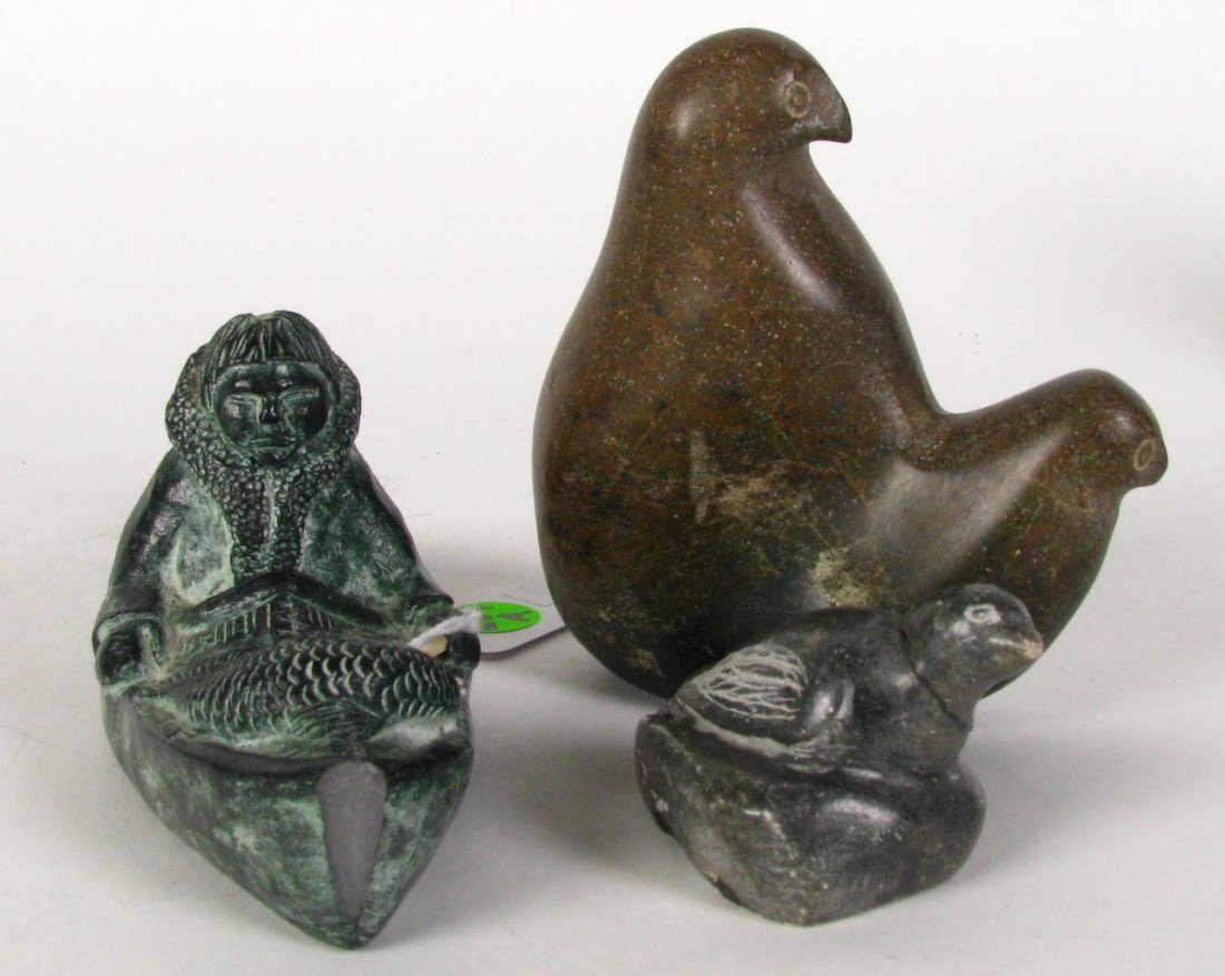 Group of Three Native American Alaskan Sculptures: Group of Three Native American Alaskan Sculptures including bird on rock, with "Canada Eskimo Art" tag, unmarked pair of birds, 5" high, and figure in canoe with "Jolin Canada" tag, 6.5" long