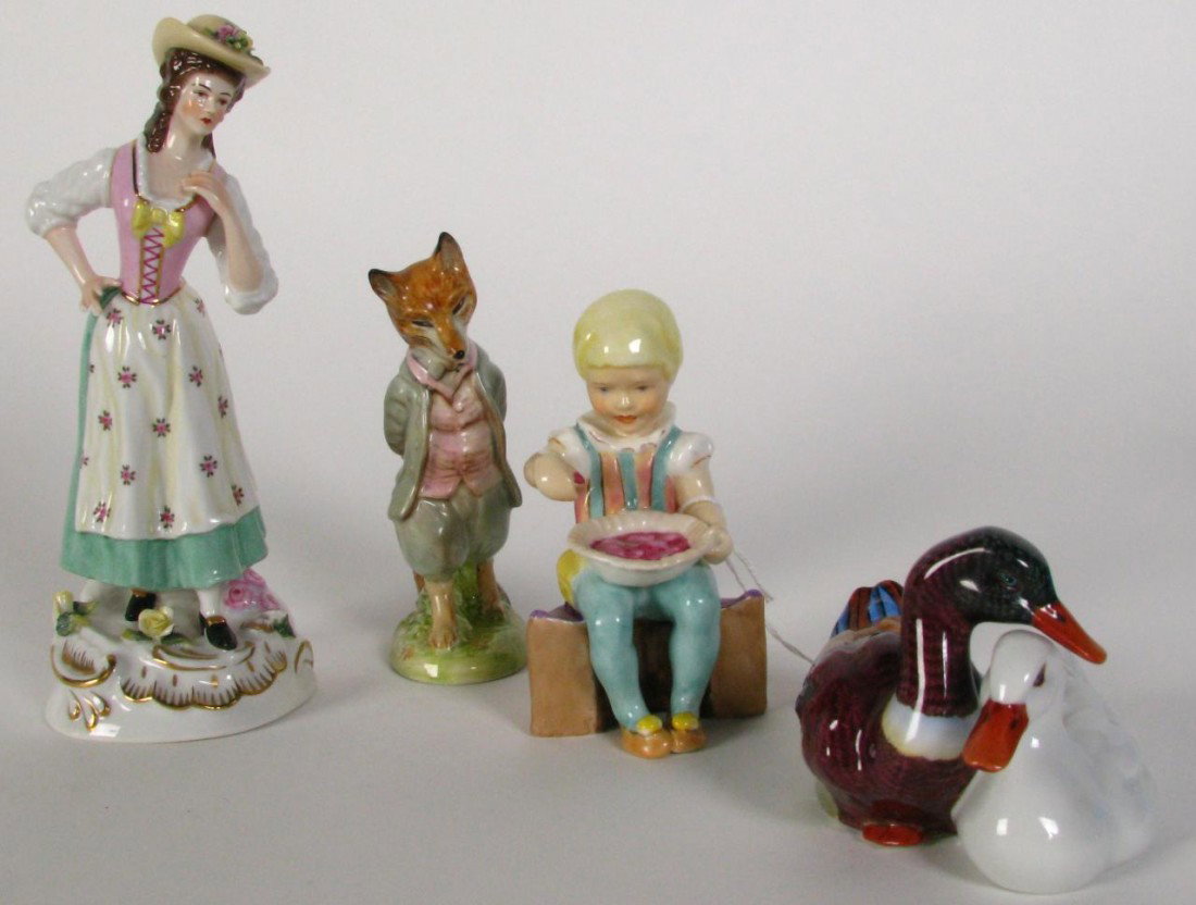 Group of Four, Porcelain Figures, Herend: Group of four porcelain figurines, including 4.25" Royal Worcester 'Little Jack Horner', Herend Duck grouping, 7.25" Portuguese piece depicting woman, and 4.75" Beatrix Potter Beswick figure "Foxy Whi