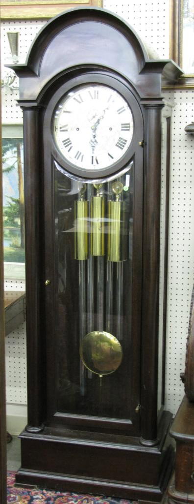 Vintage Herschede Tall Case Clock: Vintage Herschede Tall Case Clock, seven-tube chime, brass weights and pendulum, sold via Rost Jewelers (inscribed on face), Indianapolis, 76" high, beveled glass front and sides