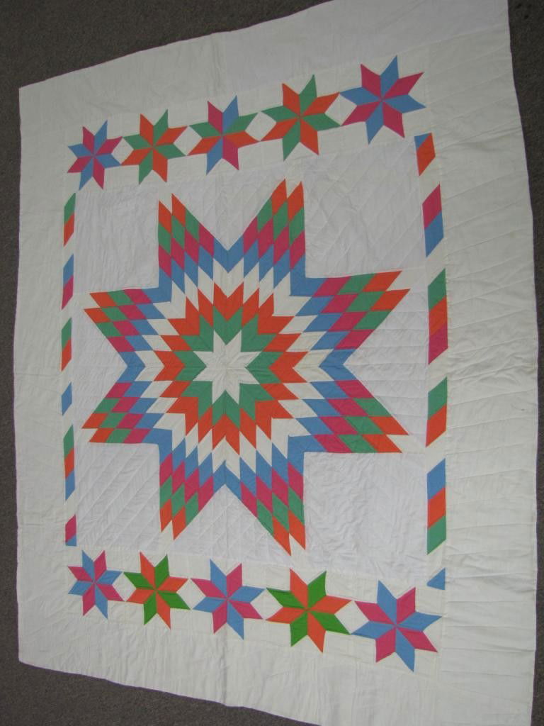 Vintage, Hand Made Lone Star Quilt: Vintage Hand Made Lone Star Quilt, Multi Color on white background, 76" x 95"