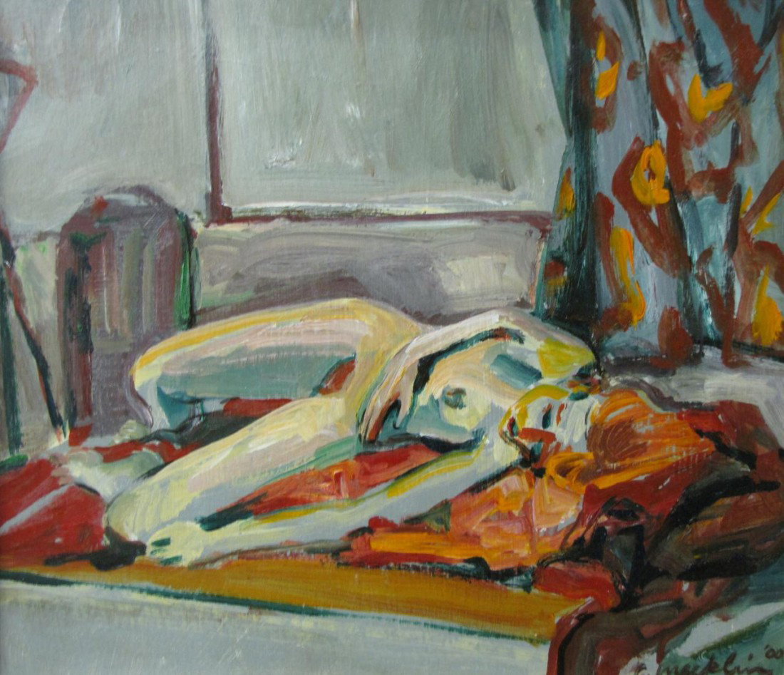 Caroline Macklin 14x16 O/C Nude Study: Caroline Macklin (IN, active) 14x16 oil on canvas, signed lower right, a nude study of reclining female