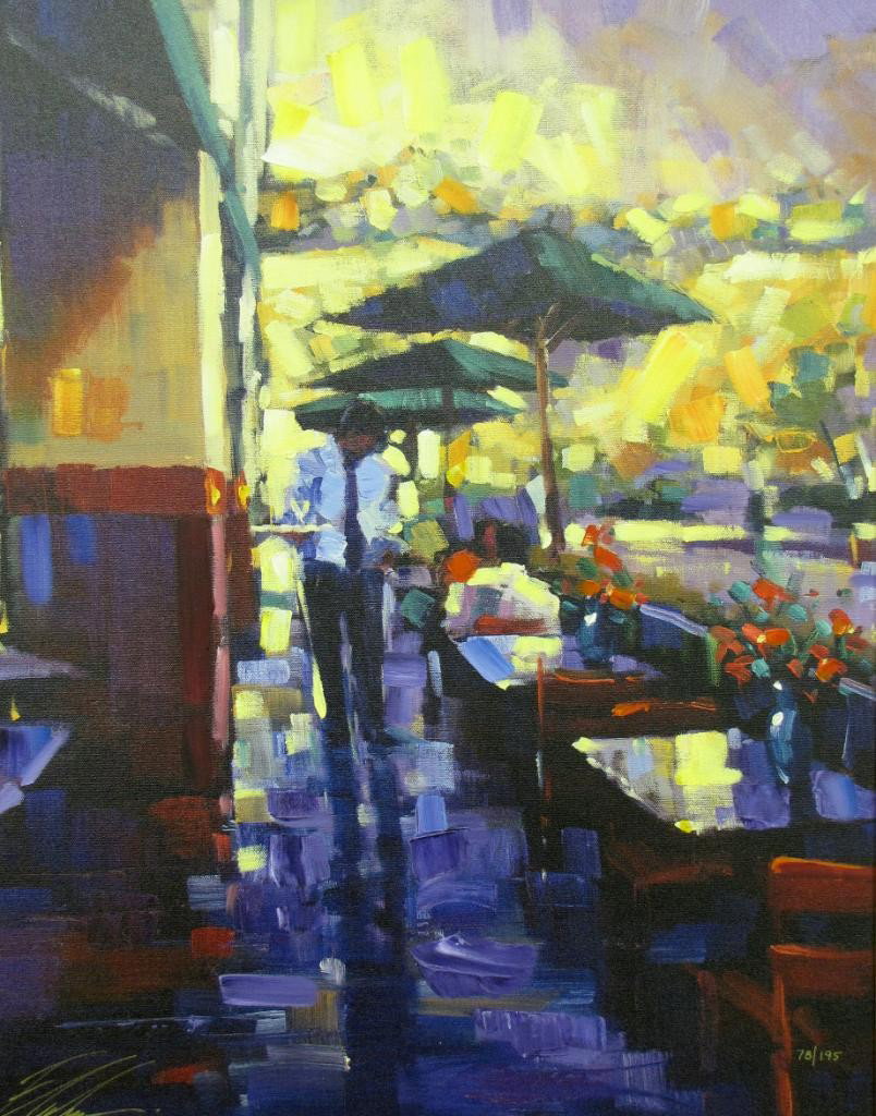 Michael Flohr 28x22 Giclee "Lunch Date": Michael Flohr (American), 28 x 22 oil embellished giclee, signed lower left, "Lunch Date", #78 of 195, paid $3,500 at Art & Soul Gallery in Carmel