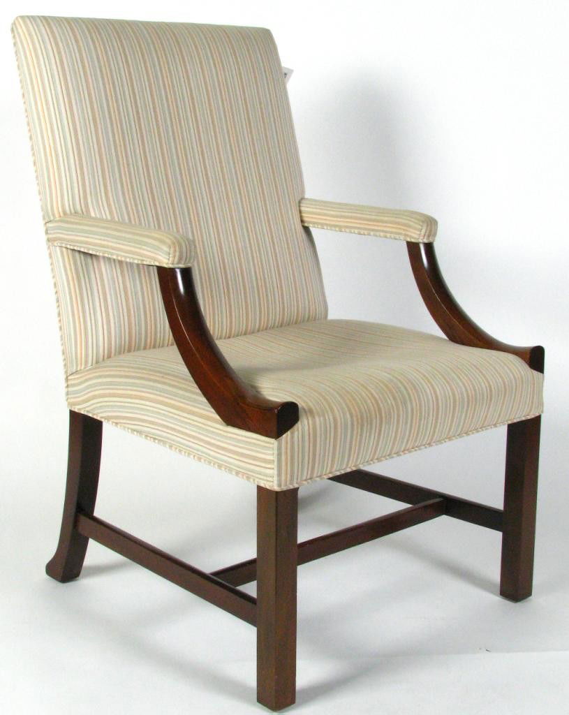 Kittinger Williamsburg Adaptation Open Arm Chair: Kittinger Chippendale style open arm chair, a Willamsburg Adaptation chair, upholstered seat and back, marked on inside of back leg, Kittinger model WA1011/WF1411, H - 39", W - 24", D - 27 1/4"