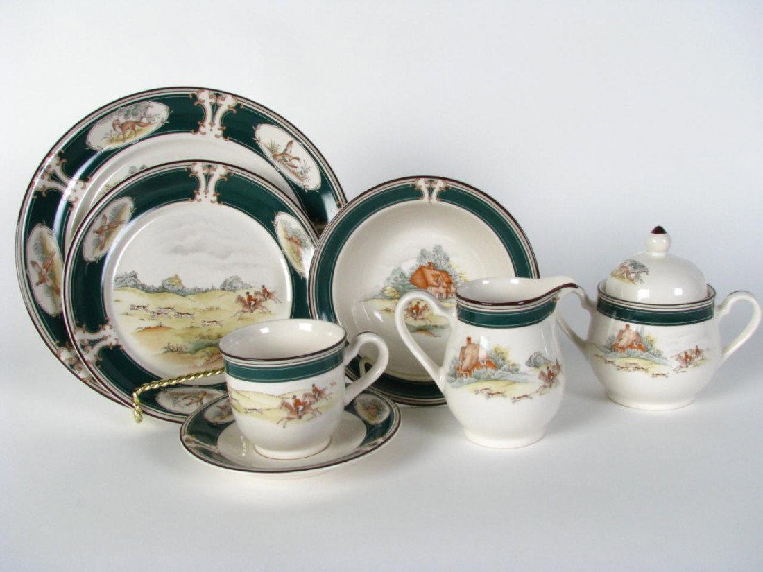 Set of Vintage Noritake "Pursuit" Dinnerware: Keltcraft, Designed by Noritake, Set of Vintage "Pursuit" Hunt Themed Dinnerware including eleven dinner plates, twelve salad plates, fourteen bowls (one with chip and one with yellowing on underside)