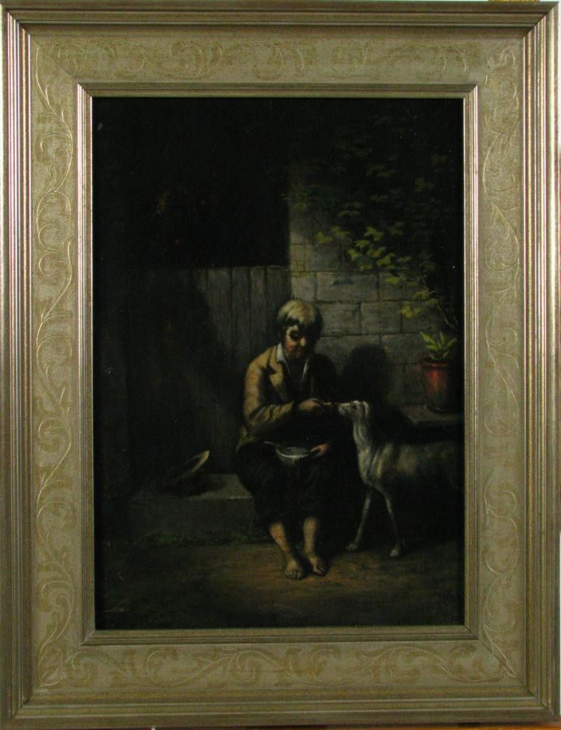 Jacob Cox 16x12 OB Boy and Dog: Jacob Cox (IN, 1810 - 1892) 16 x 12 oil on board, signed lower right, depicting a seated boy with a dog