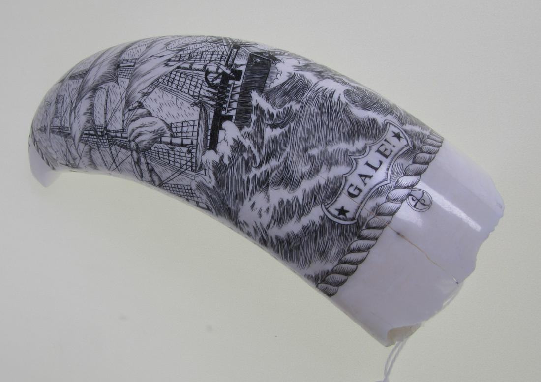 Artist Signed Scrimshaw Carving: Scrimshaw carving artist monogramed signature (undetermined), "Gale!", depicting a ship on rough waters. 6" long. Crack at open end, chip on top.