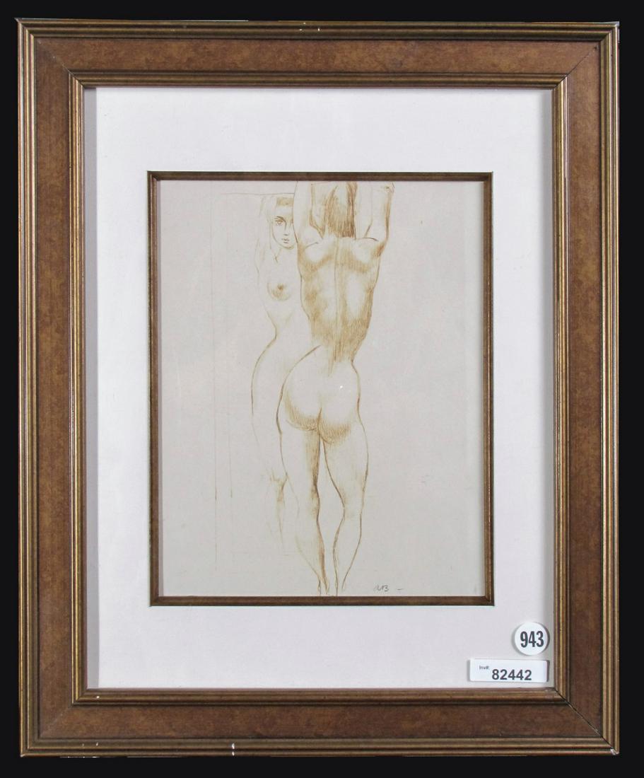 Aaron Bohrod 9.5x7.5 M/M Standing Nude in Mirror: Aaron Bohrod (Amer, 1907-1992) 9.5x7.5 , M/M , Initialed lower right , Standing Nude in Mirror Size as framed 16.5" x 13.5". Watercolor wash and pen and ink.