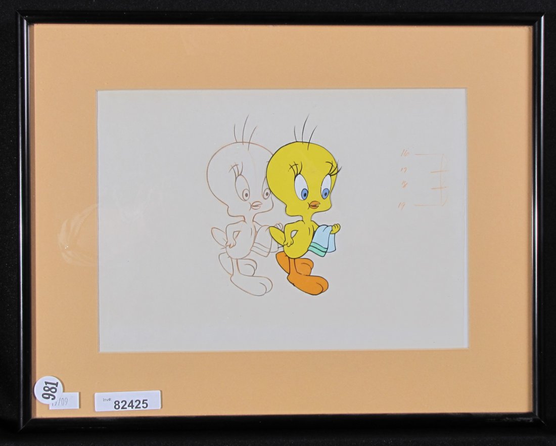 Tweety Bird Production Cel and Sketch: A Warner Brothers Tweety Bird production cell depicting Tweety Bird carrying a towel. Laid on top of a sketch of same subject. Matted and framed under glass. Size as framed 11.25" x 14.25".