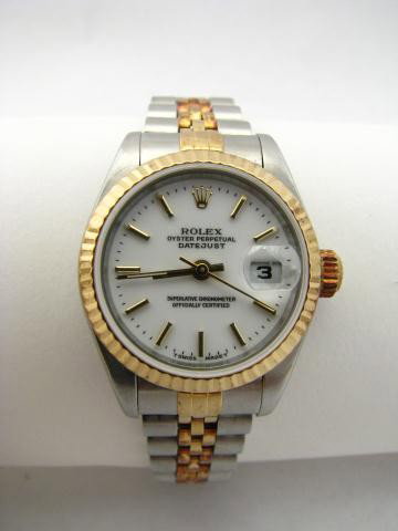 Lady's Two Tone 18K/Stainless Datejust Rolex Watch: Lady's Two Tone 18K/Stainless Datejust Rolex Watch, white stick dial, box and papers, circa 1998