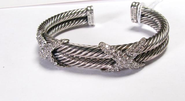 D. Yurman Sterling, 18K White Gold Diamond Cuff: David Yurman Sterling and 18K white gold diamond "X" cuff
