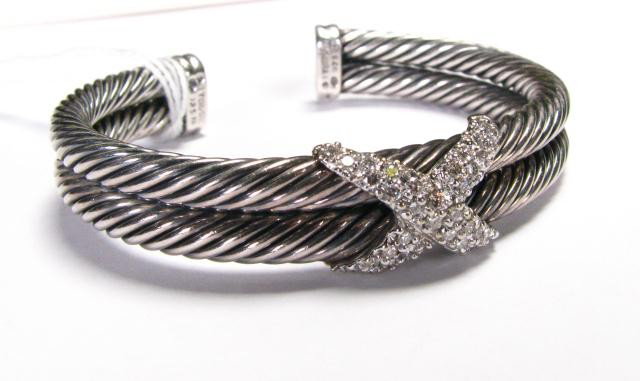 D. Yurman Sterling, 18K White Gold Diamond Cuff: David Yurman Sterling and 18K white gold diamond "X" cuff