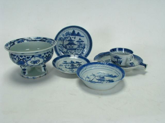 Six Items Canton Porcelain: Six Items Canton Porcelain including leaf dish tea cup, two saucers, shallow bowl, 4.5" pedestal dish