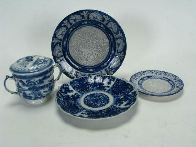 Group of English & American Blueware: Group of English & American Blueware, damaged lidded sugar bowl, two Deadham pottery plates, 19th century Chinese porcelain plate