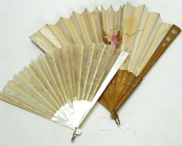 Group of Four Oriental Hand Fans: Group of Four Oriental Hand Fans, one lace with mother of pearl, two Ivory-like, one paper with printed design