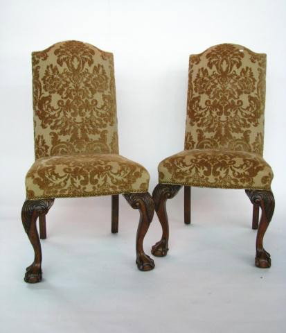 Pair of Hooker Period Style Decorator Side Chairs: A Pair of Hooker Period Style "Lisabeth" Decorator Side Chairs with La Scala Birch fabric, carved Chippendale style ball & talon feet