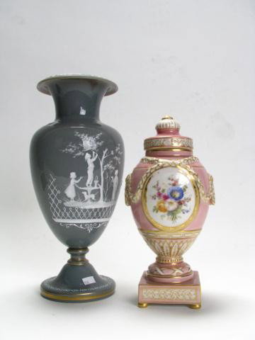 Mary Gregory Style Vase, KPM Porcelain Vase: Mary Gregory Style Vase, 13" high, painted and enameled decoration, KPM Pink Porcelain Lidded Vase with floral painted medallion and gold decoration, 10" high