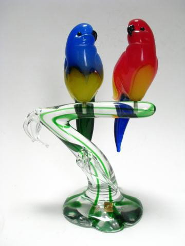 Zanetti Murano Glass Bird Perch: Zanetti Murano Glass Bird Perch, signed, approximately 12" tall with birds attached, birds in red, blue and gold