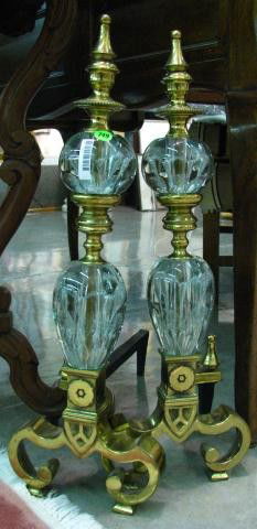 Pair of Brass and Art Glass Andirons: Pair of brass andirons, with controlled bubble art glass