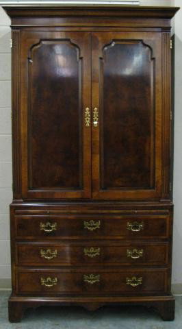 Henredon Aston Court Entertainment Armoire: Henredon Aston Court Entertainment Armoire, period style with raised panel doors, banded drawer fronts with burl veneer, brass hardware, 80.5" high, 44" wide, 20" deep, interior of top contains power 