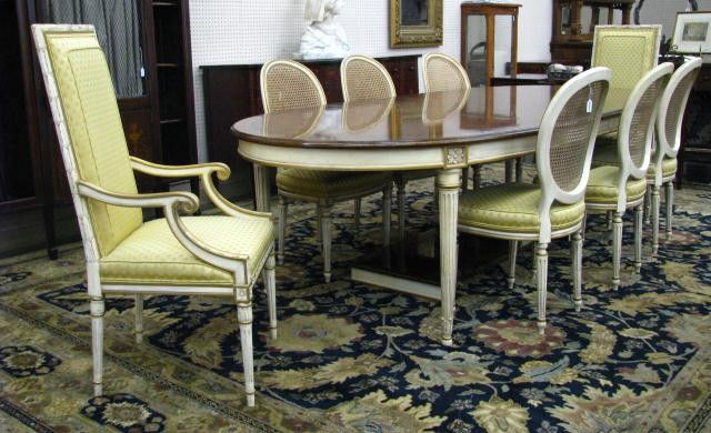 Karges French Style Dining Room Suite, 8 chairs: Karges French Style Dining Room Suite with eight chairs including two host chairs, painted finish with gold accents, natural banded mahogany top, table has three 20" leaves, 132" fully extended when u
