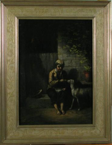 Jacob Cox 16x12 OB Boy and Dog: Jacob Cox (IN, 1810 - 1892) 16 x 12 oil on board, signed lower right, depicting a seated boy with a dog