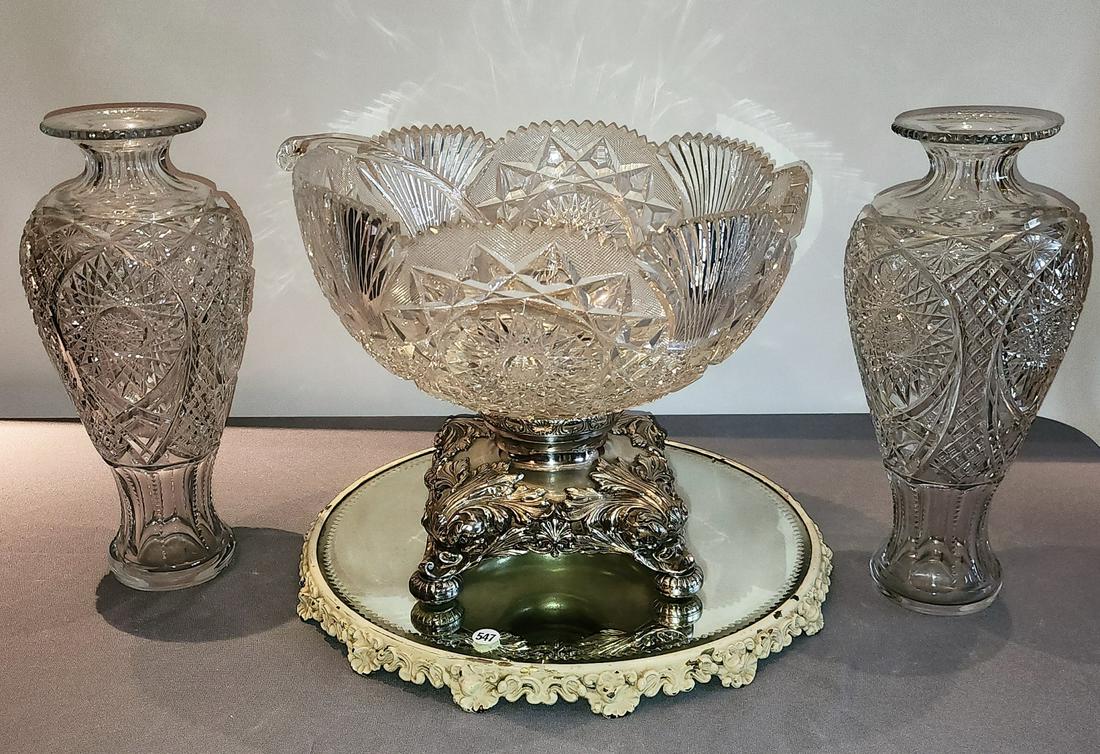 Cut Glass Punch Bowl, Vases, Mirror Plateau (1 of 5)