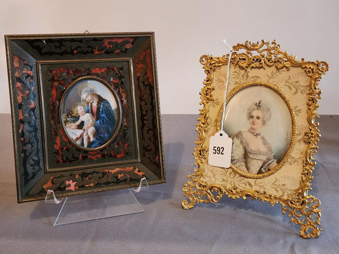 Two Antique Framed Small Portraits: Two framed items, including an artist signed female portrait on 'bone', depicting Duchess de Berry, 3.5 x 4.5, and a Madonna and Child oil painting on 'bone', in a Boulle frame (some imperfections), 7