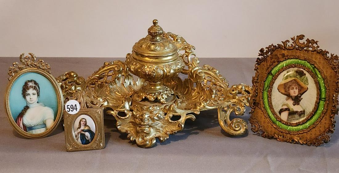 French Brass Inkstand, Three Portrait Miniatures (1 of 13)