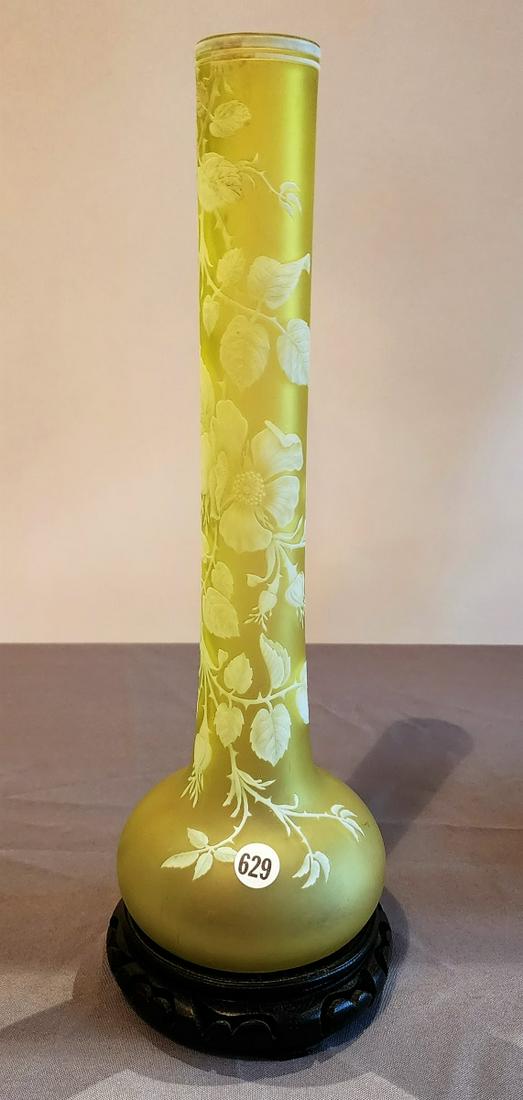 Thomas Webb Cameo Glass Tall Vase: A cameo glass vase by Thomas Webb and Sons, England, marked on bottom, dogwood motif with leaves, 15"h x 4.75"dia