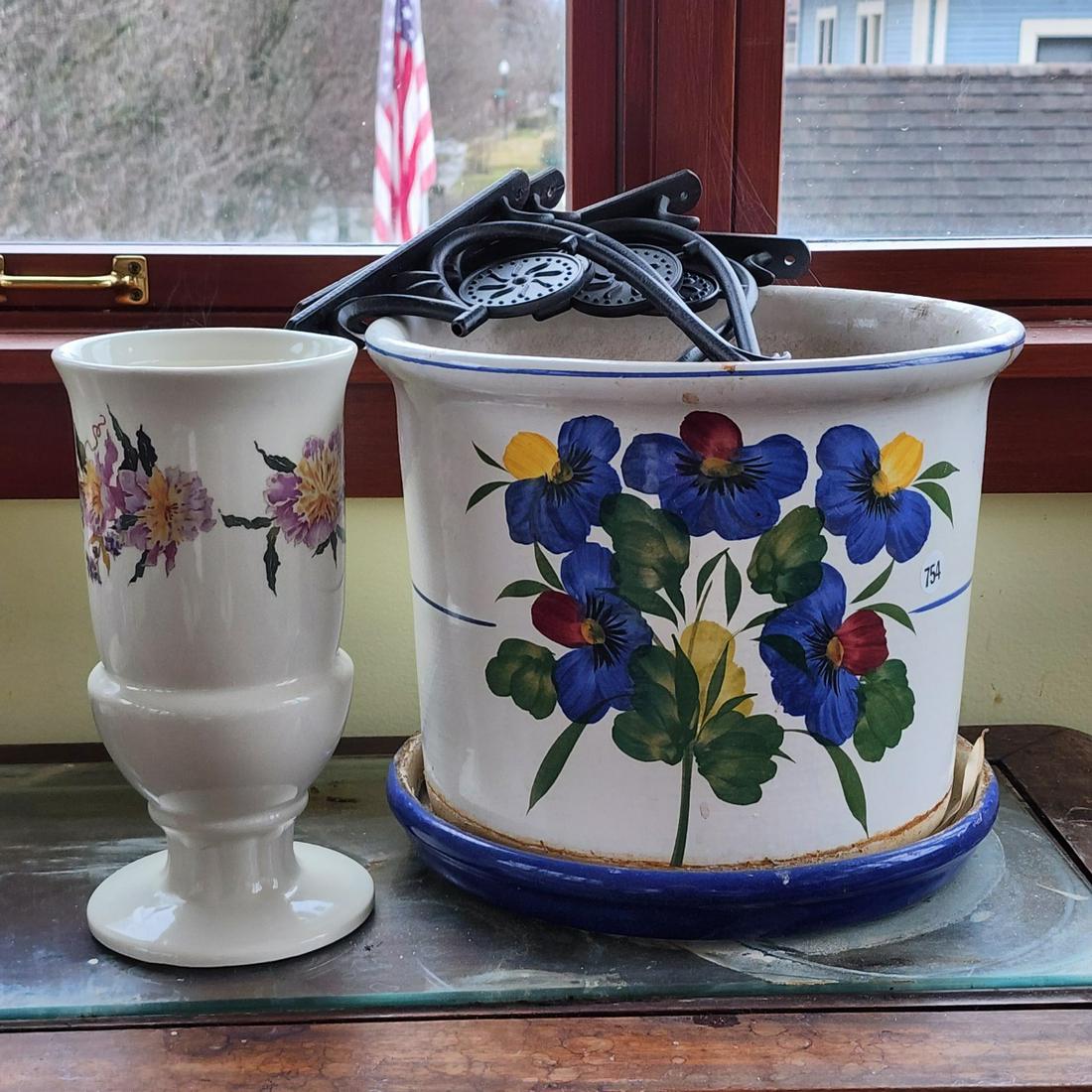 Group of Decorative Accessories: Three decorative accessories including a hand painted floral ceramic planter with under plate with condition issues; a porcelain floral decorated vase; and four plant hanger brackets, contemporary.