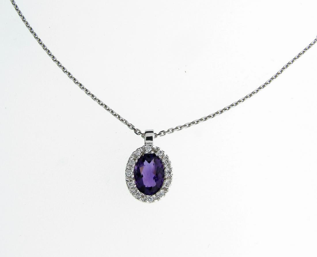 14K White Gold Amethyst, Diamond Pendant, Chain (1 of 5)
