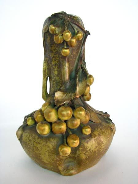 Amphora Gourd Motif Vase, Fruit & Leaves: Amphora Gourd Motif Vase, Fruit & Leaves, Austria Mark with Crown, number 3G18, 11" high