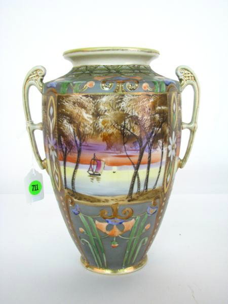 Nippon Hand Painted Handled Vase: Nippon Hand Painted Handled Vase with waterfront scenic decoration, 10" high