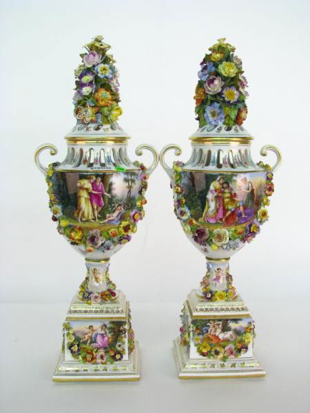 Contemporary Dresden Scenic Lidded Urns: Contemporary Dresden Scenic Lidded Urns, depicting romance scenes and applied floral garlands approximately 24" tall