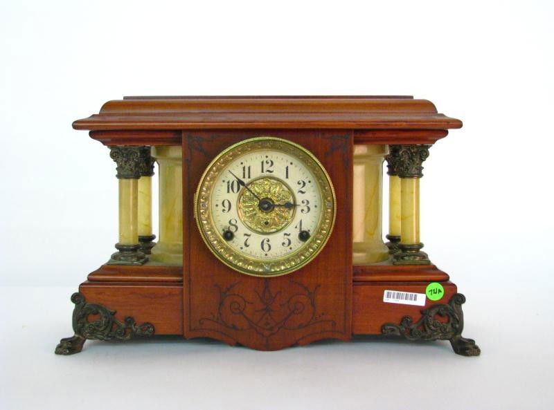 Seth Thomas Antique Mantle Clock: Seth Thomas mantle clock, antique, wooden with celluloid trim and collars