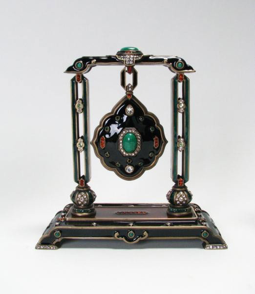 Jay Strongwater Jeweled & Enameled Clock: Jay Strongwater Jeweled & Enameled Clock with a pendant style clock, also signed, 7" high with original box