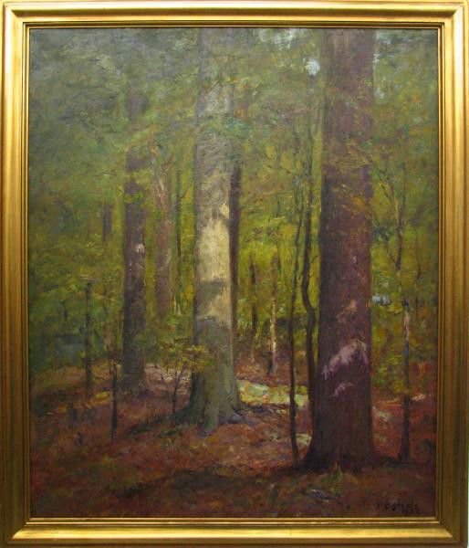 TC Steele 36x30 O/C Interior Woods: Theodore Clement Steele (IN, 1847-1926) 36 x 30 oil on canvas, signed lower right 'T.C. Steele 1922', depicting a dense, interior woods with rays of sunlight