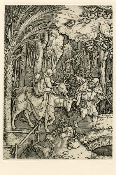 M Raimondi (IT) 'Flight into Egypt', Engraving: Marcantonio Raimondi (Italy, c1480-c1527), 'The Flight into Egypt' after Albrecht Durer (1471-1528), Engraving, 17 3/4 x 12 1/2 in. (45.09 x 31.75 cm), Plate: 11-3/4 x 8-3/8 (29.7 x 21.2 cm),