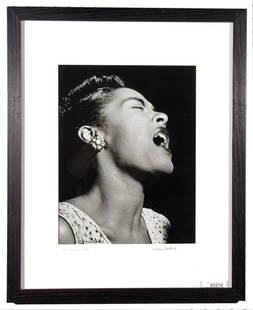 William Gottlieb Jazz Photo, Billie Holiday: WILLIAM GOTTLIEB (1917-2006) Billie Holiday. Gelatin silver print, the image measuring 13 x 10 inches, as framed: 21.5 x 17.5, with Gottlieb's signature and print date, in ink, on mat, and his signatu