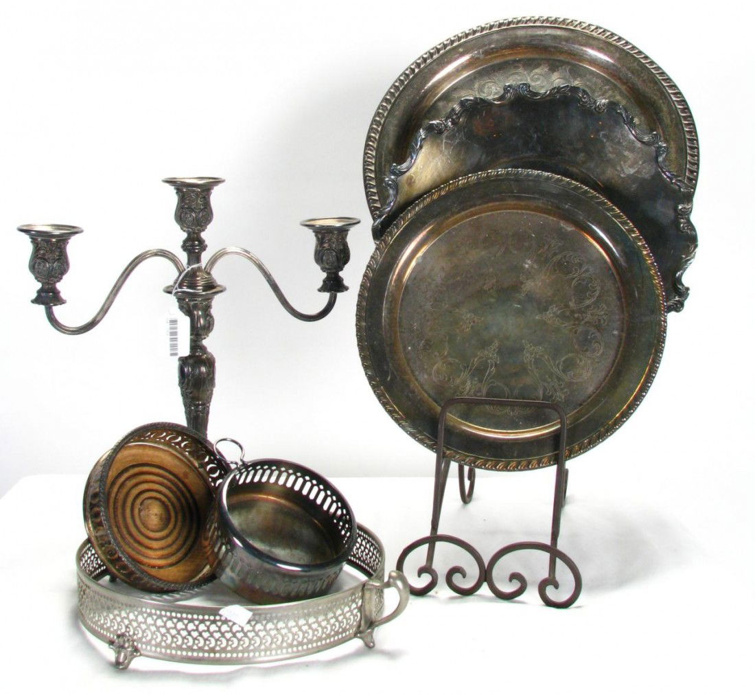 Group of Silver Plate Accessories: Group of Silver Plate Accessories including three-branch candlestick, three trays and two bottle coasters