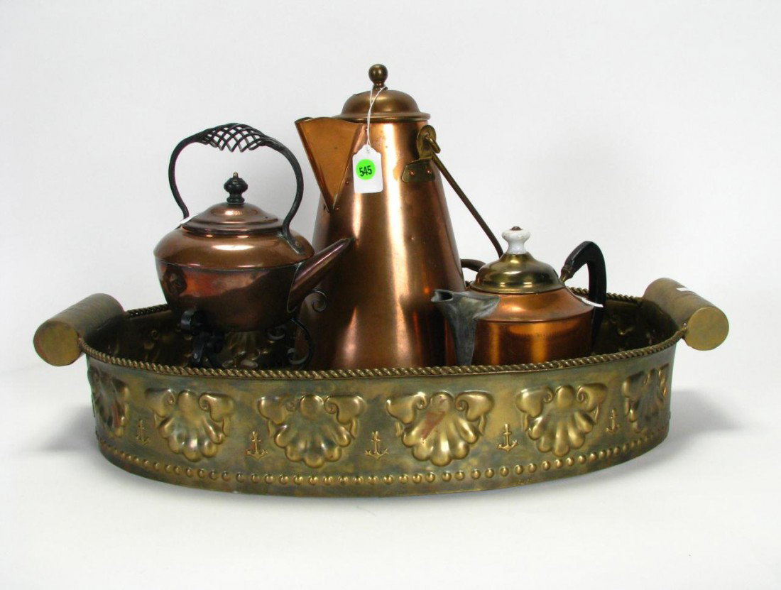 Group of Vintage Brass & Copper: Group of Vintage Brass & Copper including a handled oval brass tray, a stove top coffee pot, a teapot, and a hot water kettle