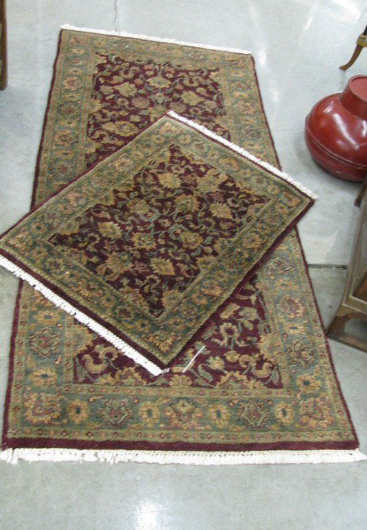 Two Agra Oriental Rugs, Runner & Mat: Two Agra Oriental Rugs in dark burgundy, one is a 6' x 32" Runner, and the other is 35" x 24" Mat