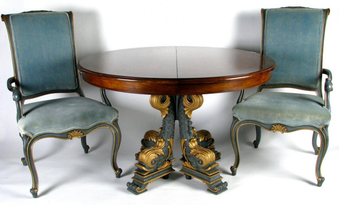 Karges Furniture Dining Room Group: Karges Furniture Dining Room Group including a dolphin pedestal base table with matched veneer top, 46" diameter, and three 16" apron leaves, six chairs including two host chairs, and a buffet / serve