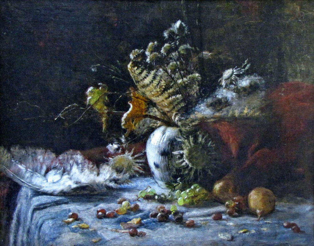 T.C. Steele 25x30 O/CB Munich Still Life: Theodore Clement Steele (IN, 1847-1926) 25 x 30 oil on canvas board, estate stamp verso, Munich-era (ca 1880's) still life